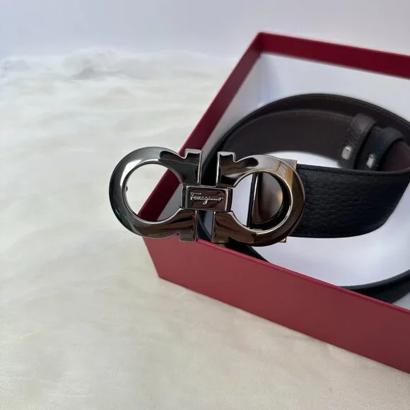 Ferragamo Black/Brown Reversible Belt, Classic Buckle, Size 34